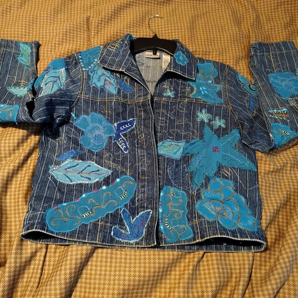 *Juniors Chicos Design Lined Denim Jacket Embroidered Artsy Boho Embellished - Picture 3 of 7